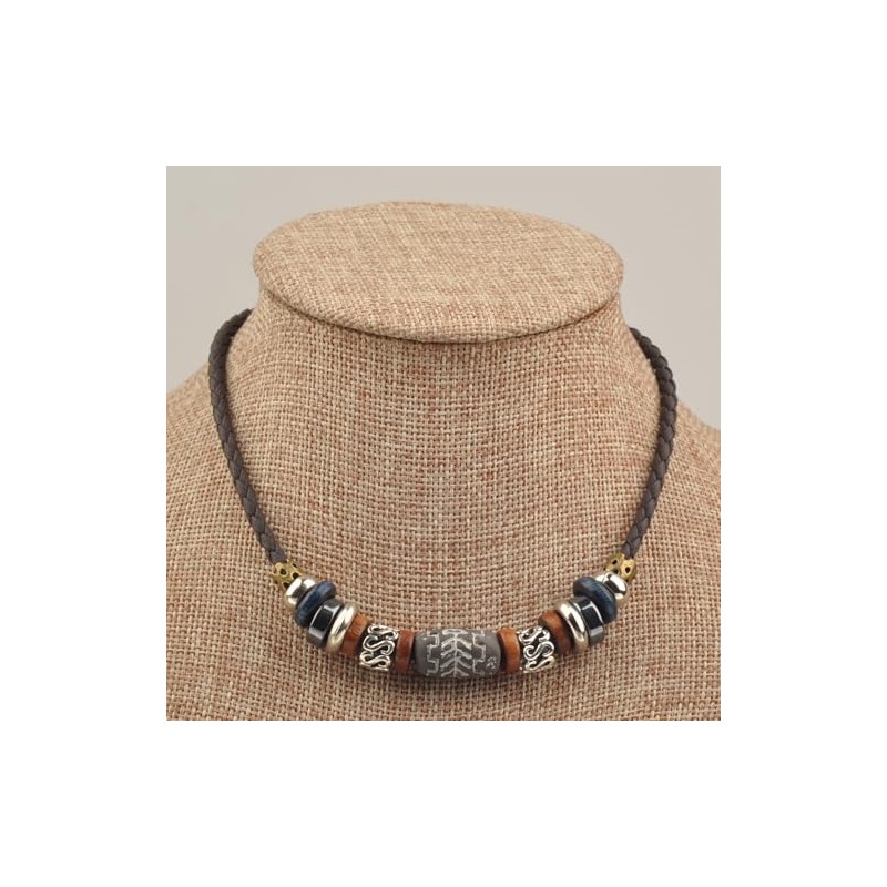 Ancient Tribe Boho Choker Necklace with Grayish Brown Tribal Bead