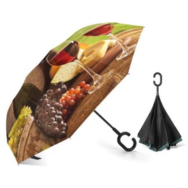 Xmkltbz Manual Large Inverted Rain Umbrella, Manual Open/Close Reverse Car Umbrella Sun Protect UV Winds Rain Compact Parasol Print Red Wine Bottle Glasses Bread with Wooden Barrel Green Landscape