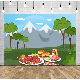 CORFOTO Summer Barbecue Backdrop 5x4ft Fabric Nature Forest Outdoor Dining Picnic Grill BBQ Background for Family Holiday Outdoor Cookout Themed Birthday Party Decorations Photo Booth Studio Prop