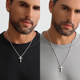 Estendly Mens Cross Necklace, Silver Gold Stainless Steel Cross Chain for Men, Cubic Zirconia Cross Pendant Necklaces Christain Jewelry Gift Rope Chain 22 Inch