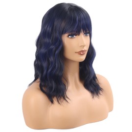 Short Blue Wavy Bob Wig with Bangs Dark Blue Curly Wavy Wigs for Women Synthetic Shoulder Length Water Wave Wig Heat Resistant Wig for Daily Party Use