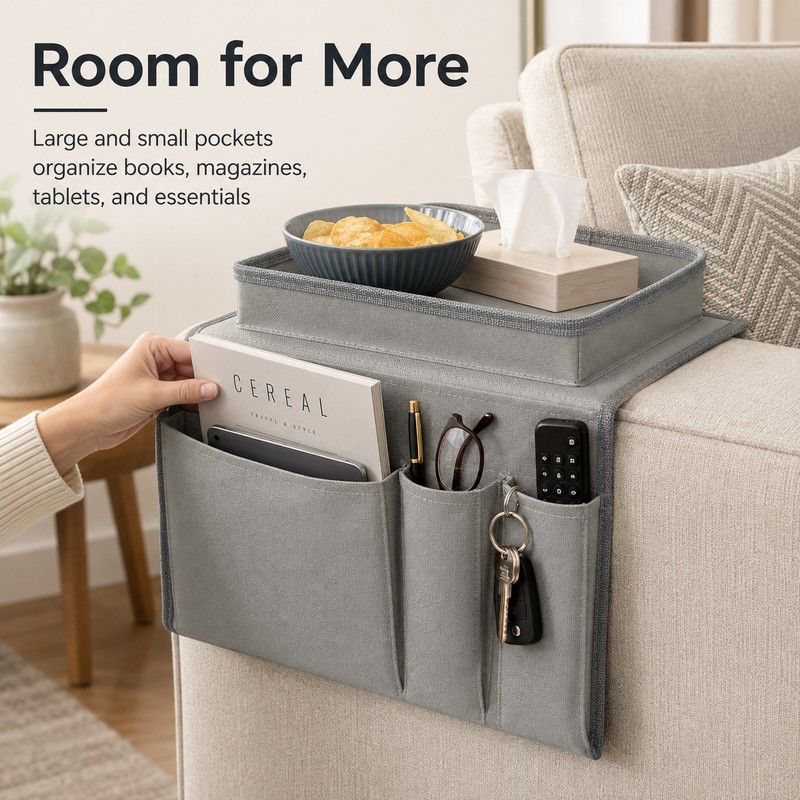 Sofa Armrest Organizer for Remote & Magazine Storage – 5-Pocket