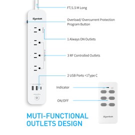 Syantek Remote Control Power Strip with 3 USB Surge Protector Power Strip with 3 RF Controlled Outlets, 5ft Extension Cord, 15A/1875W Remote Control Outlet for Household and Workstation Appliances