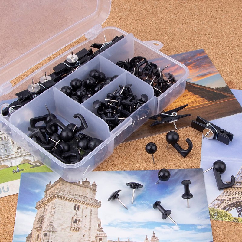 Black Push Pins Set, 5 Styles 140-count Thumb Tacks Map