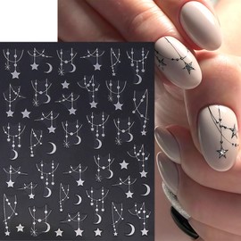 6Sheets Black Silver Line Nail Art Stickers 3D Self-Adhesive Stars Moon Nail Design Decals Y2K Style Nails Supplies Retro Line Moon Star Manicure Accessories for Women Acrylic Nails Salon Decorations