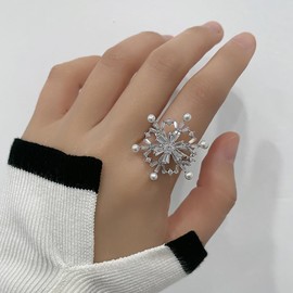 Spinner CZ Pearl Snowflake Fidget Statement Ring for Women - Dainty Crystal Winter Flower Rotated Relief Anxiety Finger Band Adjustable Open Wedding Engagement Promise Rings Delicate Christmas Jewelry