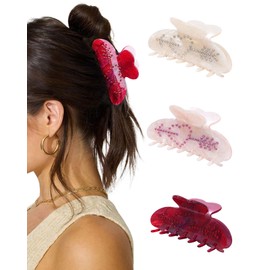 3Pcs Acrylic Hair Claw Clips - Medium Hair Clips Banana Clip for Women with Rhinestones（Heart Pattern）