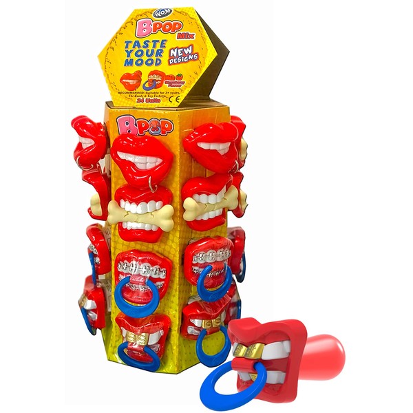 WOM Bpop Mix Tower, Lollipop Dummy with Strawberry Flavour and Funny Mouth Shape, Tower of 24 Candy Dummies with 4 Different Mouth Models