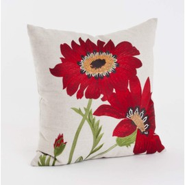 Fennco Styles Le Tournesol Embroidered Sunflower Decorative Throw Pillow, Filler Included, 18-Inch Square - Red Flower Cotton Linen Pillow for Home, Couch, Living Room and Bedroom Décor