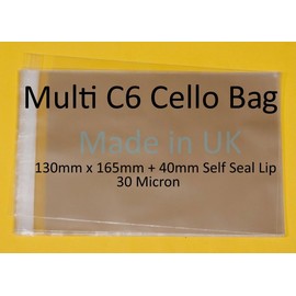 celloexpress Multi C6-130mm x 165mm Plus 40mm Self Seal Flap - 30 Micron Cellophane Clear Display Bags for Holding up to 10 C6 Cards & Envelopes - Small Cello - Pack of 100