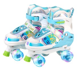 Skate Gear Rainbow Adjustable Light up Inline/Quad Roller Skates for Girls and Boys (Blue - Quad, Small)