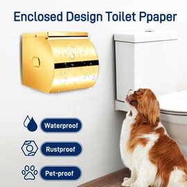 FARVIGOR Toilet Paper Holder Wall Mount, Self Adhesive Toilet Paper Holder with Shelf, Waterproof Stainless Steel Bathroom Toilet Tissue Roll Holder Cat Dog Proof, Gold