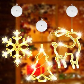 Pack of 3 Warm White Christmas Decoration, Christmas Tree, Deer, Snowflake, Christmas Decoration, Reusable Christmas Decoration with Suction Cups, for Christmas Decoration, Indoor Window Decoration,