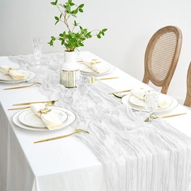 White Table Runner, 90 x 400 cm, Gauze Table Runner, Long Romantic Semi-Transparent Fabric, Tablecloth White for Baby Shower Table Decoration, Communion, Birthday Party, Wedding Table Decorations