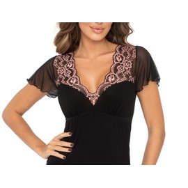 Selente Sweet Dreams Women's Elegant Short or Long Negligee / Nightdress (Made in EU) with Elegant Lace, Short-sleeved black/pink