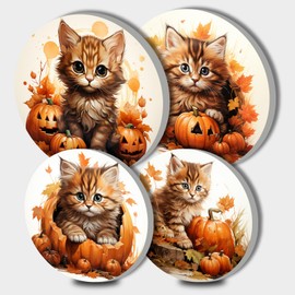 Yellow Cats Picture Round Hob Covers Autumn Pumpkin 4-Piece Stove Plate Cooker Hob Covers for Cookers Maple Leaf Top Burner Gas Range Oven Protector Kitchen Accessories Cooktop Decorative Decor