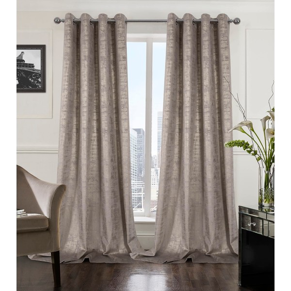 always4u 100% Blackout Soft Velvet Curtains for Bedroom Living Room Thermal Energy Saving 108 Inches Long Luxury Gold Foil Print Drapes 2 Panels Champagne