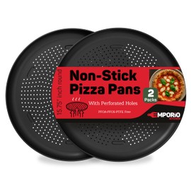 Emporio Kitchen Non-Stick Pizza Pan 2 Pack – 16 Inch Round Carbon Steel Pizza Tray with Perforated Holes, PFOAPFOSPTFE-Free, Dishwasher & Oven Safe Up To 450°F, Durable Nonstick Gray Coating