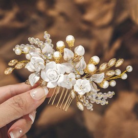 IYOU Flower Bridal Hair Comb Gold Crystal Bridal Hair Accessories Leaf Pearl Wedding Side Combs Headpiece for Women