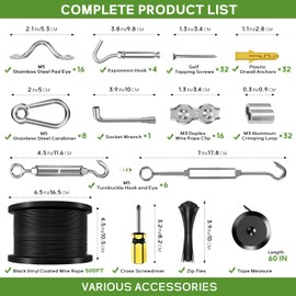 TESSKY String Light Hanging Kit with 500FT Vinyl Coated Stainless Steel 304 Wire Rope Suspension Kit Included Enough Accessories with Turnbuckles and Hooks for Patio, Garden and Wedding Lighting