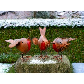 HomeZone Rustic 3pc Robin Redbreast Metal Bird Set - Natural Shabby Style Weatherproof Highly Detailed Wall Mounted Garden Ornaments - Fun Christmas Decorations for Indoor or Outdoor Birds Decor