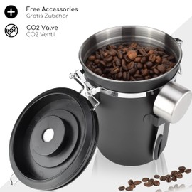 Milu Airtight Coffee Canister, 500 g, 700 g, Coffee Bean Container, Stainless Steel Storage Jars, Vacuum Coffee Box with Coffee Spoon (Black, 700 g)