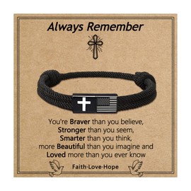 Officentra American Flag Cross Bracelet for Boys, Inspirational Religious Bible Verse Bracelets Braided Rope Adjustable Easter First Communion Confirmation Baptism Jewelry Gifts for Teens Grandson