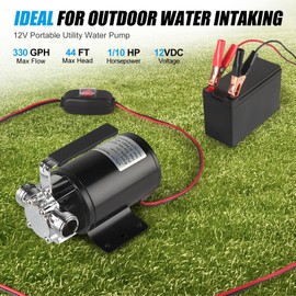 FIDISP 12 Volt Water Pump, Portable Transfer Pump, 330GPH Larger Flow, 1/10HP Electric Utility Pump with On/Off Switch, 2 * 6’ Water Hose Kit for Garden Pools Aquariums Hot Tub