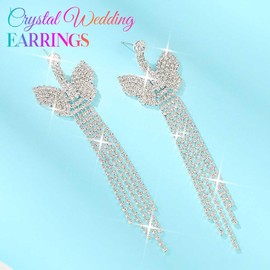 Atigy Silver Tassel Butterfly Bridal Earrings Rhinestone Dangling Wedding Earrings Sparkling Long Earrings Jewellery for Women, Unit size, Alloy Steel, No Gemstone