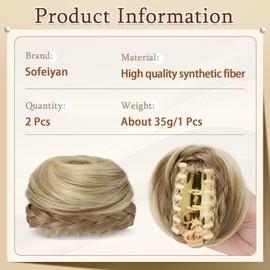 SOFEIYAN 2PCS Mini Claw Clip in Hair Bun Braid Messy Cat Ears Hair Bun Extension Synthetic Donut Wig Accessory Updo Space Bun Braid Hair Pieces for Women Girls, Dark Blonde & Bleach Blonde mix