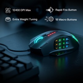 Redragon Impact RGB LED MMO Mouse With Side Buttons Laser Wired Gaming Mouse with 12,400DPI, High Precision, 18 Programmable Mouse Buttons