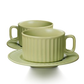 LUXU Coffee Cups with 2 Plate +2 Ceramic Coffee Mugs,9oz Porcelain Cappuccino Cups,Cute Latte Cup for Women or Men,Great for Tea,Cocoa,Hot Chocolate,Soup,Unique Style for An (Stripe 9 OZ, Peak Green)