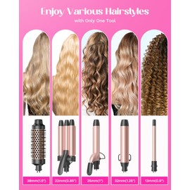 Wavytalk 5 in 1 Curling Wand Set, Dual Voltage Curling Iron Set with 5 Interchangeable Barrels Included A Thermal Brush, A Hair Crimper and 3 Ceramic Curling Wands(0.5"-1.25"), Rose Pink