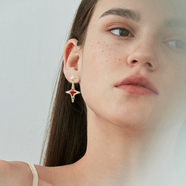 Sonateomber Gold Star Drop Dangle Earrings for Women Sparkly Red Garnet Rhinestone Birthstone Lucky Four-point Star Stud Earings Prom Fashion Birthday Jewelry Gift