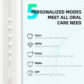 7AM2M Cepillo de dientes eléctrico sónico para adultos y niños, con 2 cabezales, 5 modos con temporizador inteligente incorporado de 2 minutos, diseño de mango de columna romana(Blanco,Sin funda de viaje)