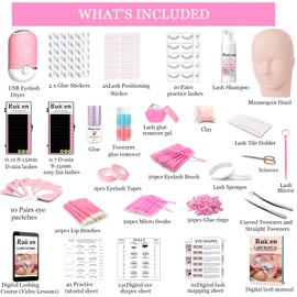 Lash Extension Kit for Beginners, Ruicen Lash Eyelash Extension Kit with Training Course Includes Mannequin Head, Practice Lash Mapping Chart, and More Eyelash Extension Supplies Tools