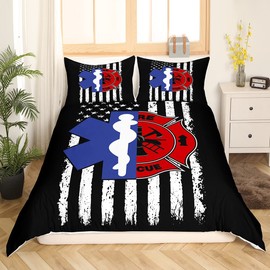 Firefighter EMT Badge Bedding Set Queen Size,Practitioner Fireman Themed Duvet Cover Set for Children Bedroom Present, Stars Stripes American Flag Microfiber Comforter Cover with 2 Pillowcases, Soft