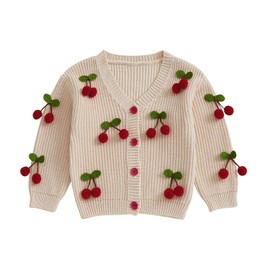 MAHUAOYIXI Toddler Girl Cardigan Sweater Long Sleeve V-Neck Cherry Decor Crochet Jumpers Jacket Knit Sweatshirt Fall Winter Clothes Button-Down Warm Knitted Pullover Knitwear (Khaki, 0-3 Months)