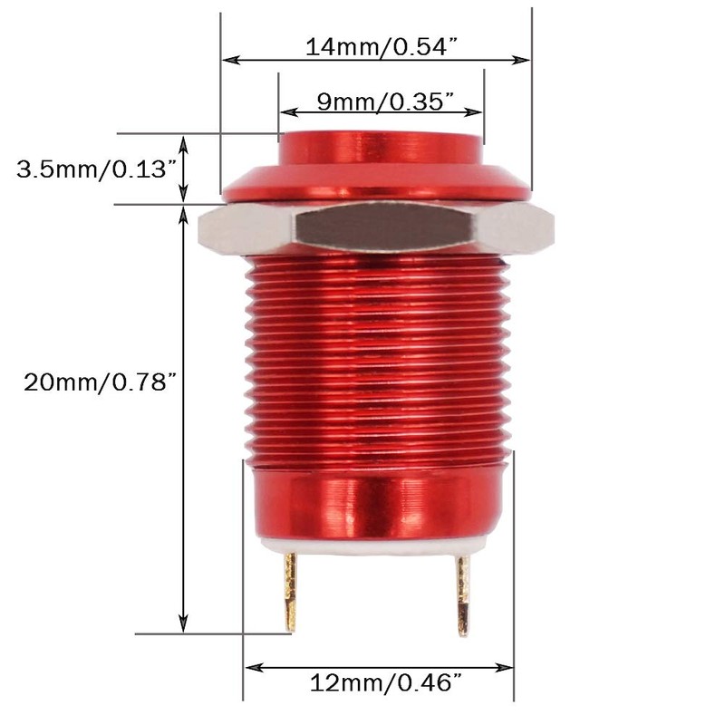 Twidec/12mm 1/2" Waterproof Red Metal Shell Momentary Raised Top Push