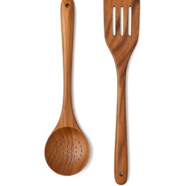 18 Inch Long Wooden Slotted Spoon for Cooking, Acacia Wood Spoon with Holes (Spoon and Spatula Set)