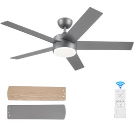 POCHFAN 52 inch Ceiling Fans with Lights and Remote Control Silver, Modern Ceiling Fan Dimmable 3 CCT Temperatures 6-Speed, Quiet LED Ceiling Fan for Bedroom, Living Room