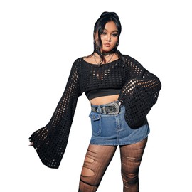 Floerns Women's Plus Size Boat Neck Long Sleeve Hollow Out Crochet Cropped Sweater Black 1XL
