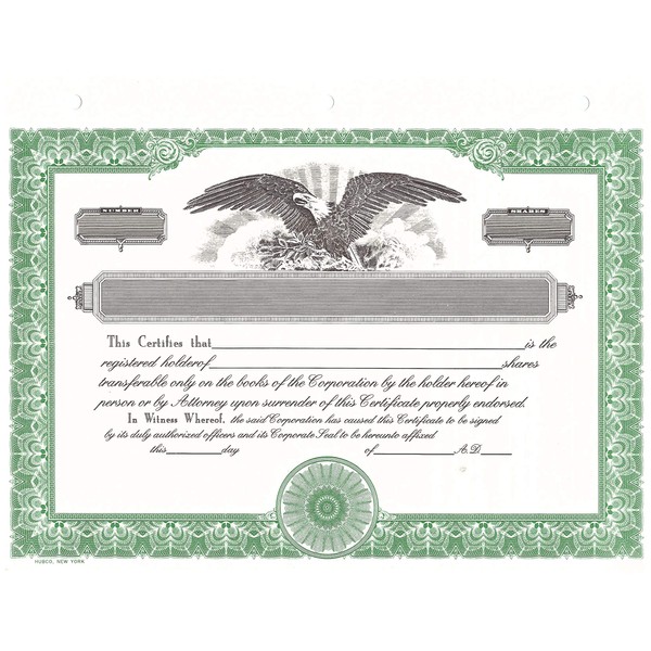 Blank Corporate Stock Certificates, HUBCO, Green, Pack of 15