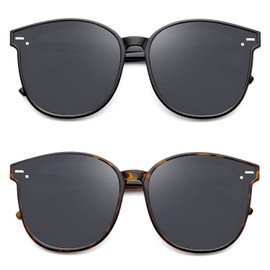 Oversized Square Sunglasses For Women Trendy Retro Sun Glasses Ladies Vintage Shades With 100% UV Protection 2 PACK (Glossy black/Leopard)