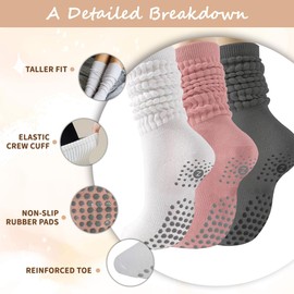 ZANZER (3 Pairs) Scrunch Pilates Grip Socks for Women, Yoga Slouch Socks with Grip for Barre Workout Hospital Dance Gym Exercise (AU, Numeric, 00, 3, White + Pink + Dark Grey)