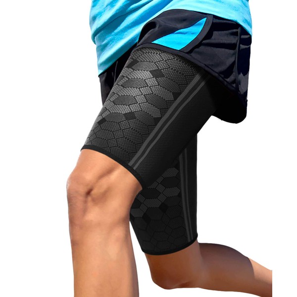 Sparthos Thigh Compression Sleeve (Pair) – Upper Leg Brace for Men and Women Support for Bruised Tender Strained Muscles Pulled Hamstring Quad Brace Pain Relief Sports Injury Recovery (Black-M)