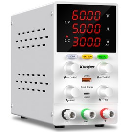 Kungber DC Power Supply Variable, 60V 5A Adjustable Switching Regulated DC Bench Power Supply with High Precision 4-Digits LED Display, 5V/2A USB Interface, Coarse and Fine Adjustments (White)