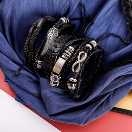 MILAKOO 5Pcs Braided PU Leather Bracelets for Men Women Punk Gothic Woven Cuff Wristaband Adjustable