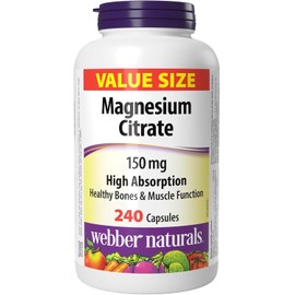 Webber Naturals Magnesium Citrate 150 mg, 240 Capsules, High Absorption Mineral, Supports Bone and Muscle Functions