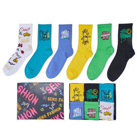 Happy Toes 6 Pairs Fashion Design Socks Men, Mid-Calf Socks Breathable Comfortable for Wearing, Durable Colorful Multipack Calf Socks Suit for Running Walking Cycling Daily Wearing in Gift Box
